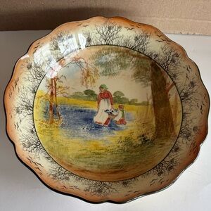 Rare Antique Royal Doulton Bowl "Bluebell Gatherers" with a Black Scalloped Rim